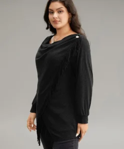Cowl Neck Tassels Button Detail Wrap Sweatshirt -Clothing Shop 746378036 if