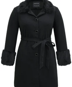 Solid Fuzzy Trim Button Through Belted Coat -Clothing Shop 746621107 yv ca924da9 7dbb 4cd8 9f14 c30f04523c04