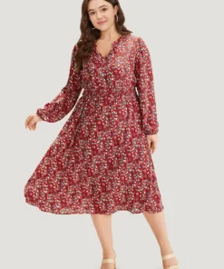 Ditsy Floral Pocket Shirred Notched Dress -Clothing Shop 747069261 zj