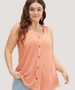 Solid Button Detail Waffle Knit Tank Top