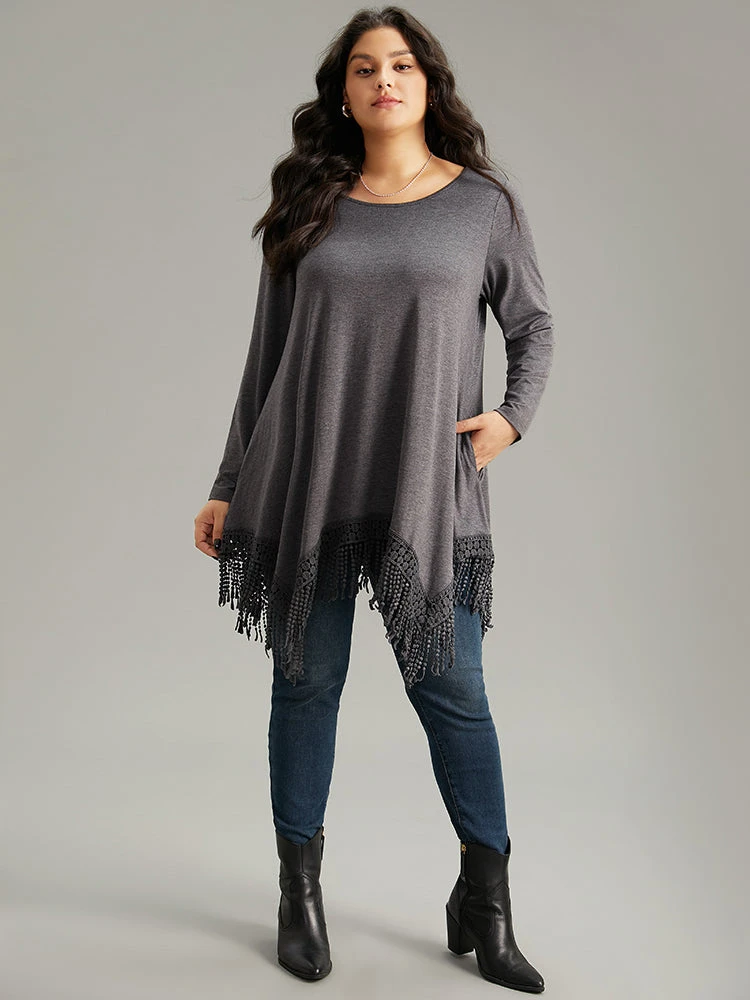 Solid Tassels Trim Pocket Asymmetrical Hem T-shirt 6 Solid Tassels Trim Pocket Asymmetrical Hem T-shirt - Image 4