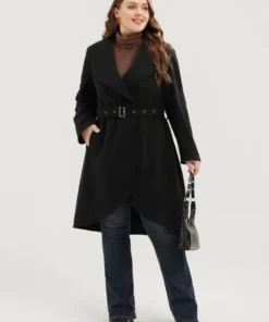 Solid Lapel Collar Pocket Belted Open Front Coat -Clothing Shop 747830396 kj