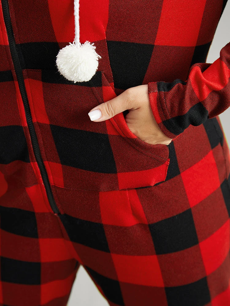 Plaid Zipper Hooded Fluffy Ball Pocket Sleep Jumpsuit 8 Plaid Zipper Hooded Fluffy Ball Pocket Sleep Jumpsuit - Image 6