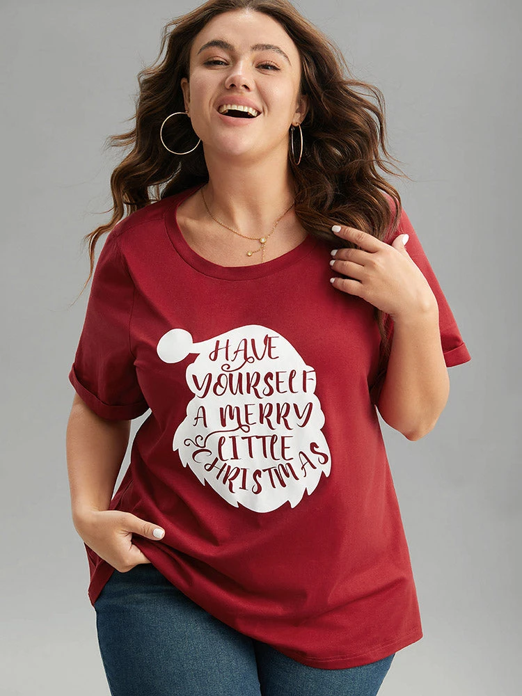 Christmas Print Round Neck Roll Sleeve T-shirt 3 Christmas Print Round Neck Roll Sleeve T-shirt