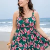 Floral Print A Line Round Neck Ruffle Hem Swim Dress