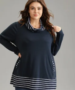 Striped Patchwork Pocket Turtleneck T-shirt