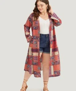 Halloween Bandana Print Open Front Pocket Maxi Kimono -Clothing Shop 749294988 sj