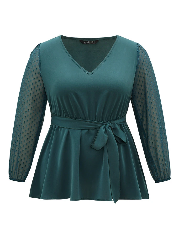 Static-Free Plain Patchwork Mesh Texture Ties Blouse 7 Static-Free Plain Patchwork Mesh Texture Ties Blouse - Image 5