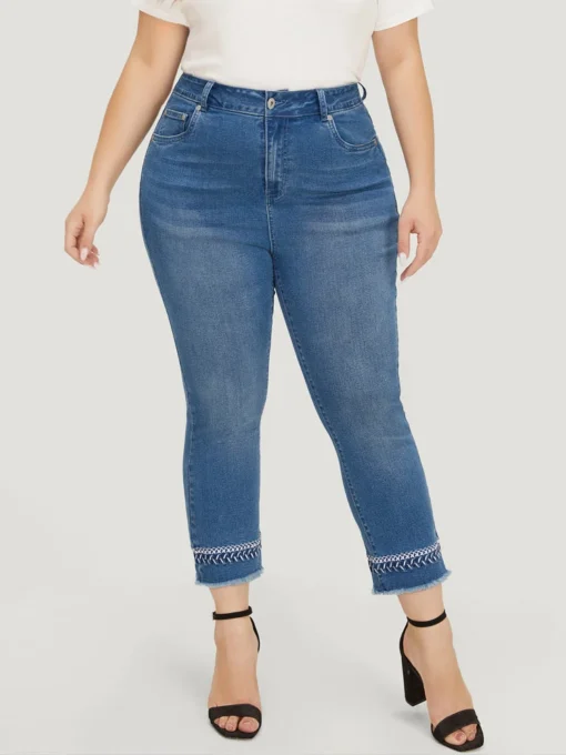 Very Stretchy Medium Wash Embroidered Raw Hem Jeans -Clothing Shop 749547043 xy