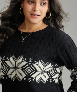 Geometric Jacquard Cable Knit Pullover -Clothing Shop 749697871 uz