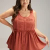 Solid Button Up Pleated Frill Trim Tank Top -Clothing Shop 750115529 br