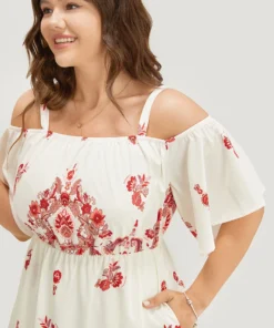 Bandana Print Pocket Cold Shoulder Flutter Hem Dress -Clothing Shop 750418717 vs