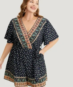 Bandana Print Wrap Ruffle Sleeve Pocket Belted Romper -Clothing Shop 750540458 hc