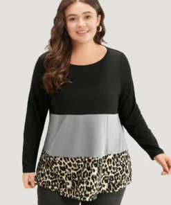 Colorblock Leopard Contrast Round Neck T-shirt -Clothing Shop 750565396 wx f42bdd9b 88f0 44e3 b020 8ce78bd7ef61