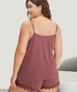 Solid Lace Panel Elastic Waist Sleep Shorts -Clothing Shop 751420001 qq