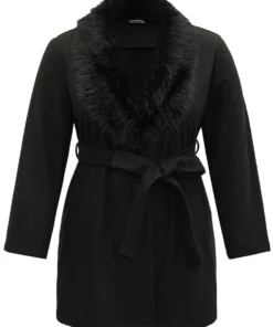 Plain Fuzzy Trim Patchwork Belted Coat 13 Plain Fuzzy Trim Patchwork Belted Coat -Clothing Shop 751605122 pg