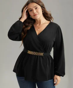 Solid Wrap Flutters Style Accents Belted Blouse