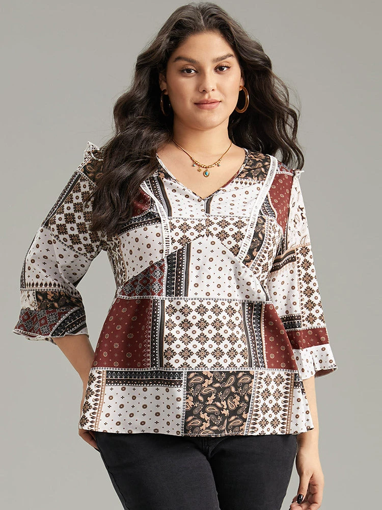 Moroccan Print Lace Panel Ruffles Frill Trim Blouse 3 Moroccan Print Lace Panel Ruffles Frill Trim Blouse