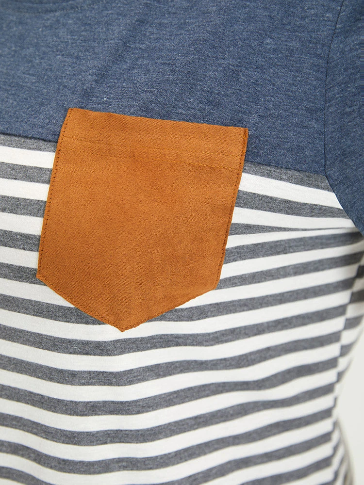 Striped Patchwork Round Neck Patched Pocket T-shirt 8 Striped Patchwork Round Neck Patched Pocket T-shirt - Image 6