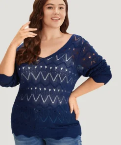 Geometric Eyelet Scalloped Trim Drop Shoulder Pullover 14 Geometric Eyelet Scalloped Trim Drop Shoulder Pullover -Clothing Shop 75458138 wl