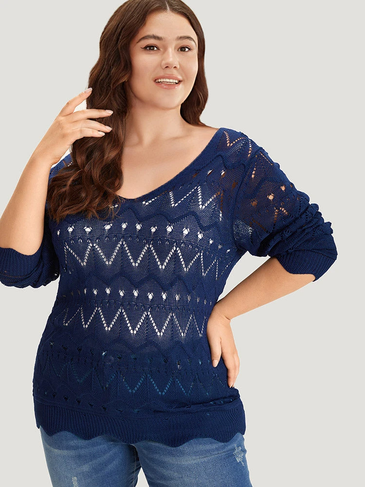 Geometric Eyelet Scalloped Trim Drop Shoulder Pullover 6 Geometric Eyelet Scalloped Trim Drop Shoulder Pullover - Image 4