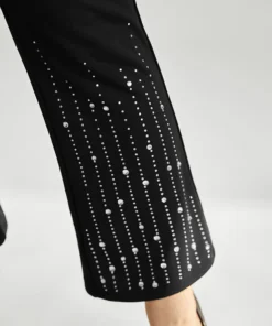 Rhinestone Elastic Waist Bootcut Pants -Clothing Shop 754744669 tp