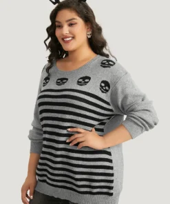 Halloween Supersoft Essentials Skull Print Striped Round Neck Pullover 12 Halloween Supersoft Essentials Skull Print Striped Round Neck Pullover -Clothing Shop 755029032 yj