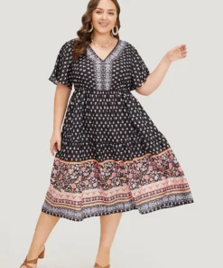 Boho Print Contrast Gathered Pocket Ruffles Dress -Clothing Shop 755339893 hh