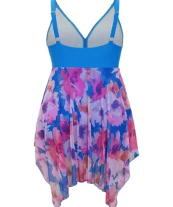 Floral Patchwork Hanky Hem Crossover V Neck Swim Dress -Clothing Shop 755384060 zv