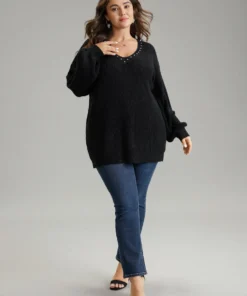 Rhinestone V Neck Drop Shoulder Pullover -Clothing Shop 756124079 ms