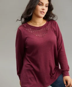 Solid Lace Insert Crew Neck Cut Out T-shirt