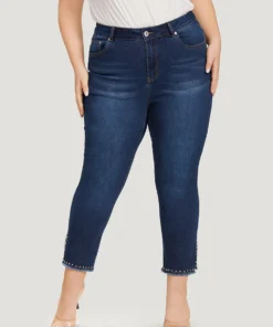 Plain Split Side Beaded Detail Dark Wash Jeans -Clothing Shop 757654742 qn