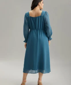 Chiffon Square Neck Shirred Lantern Sleeve Split Hem Dress -Clothing Shop 75917841 vl