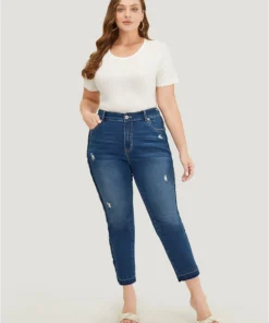 Very Stretchy High Rise Medium Wash Raw Trim Jeans -Clothing Shop 760285814 vh