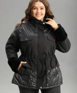 Patchwork Fuzzy Drawstring Pocket Quilted Coat -Clothing Shop 76158051 yj 52d0740b a31f 482e 99c1 ec4713586a1e