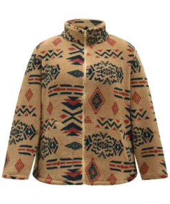 Boho Print Pocket Zipper Teddy Jacket -Clothing Shop 76250416 yi