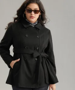 Plain Belted Double Breasted Pocket Coat -Clothing Shop 762657876 yu