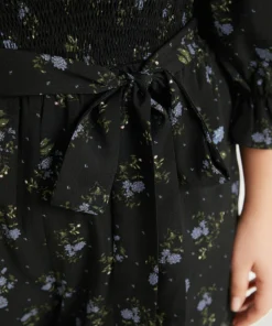 Floral Print Shirred Belted Square Neck Frill Trim Jumpsuit -Clothing Shop 763364392 pq