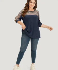 Boho Print Patchwork Waffle Knit Crew Neck Sweatshirt -Clothing Shop 76346586 lo 6604636d e6b3 441e b26a ea43d95dddcc