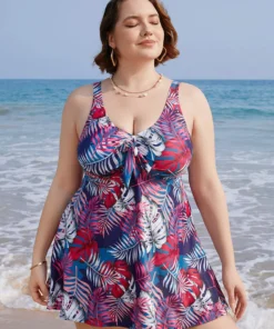 Tropical Print Knotted Front Swim Dress