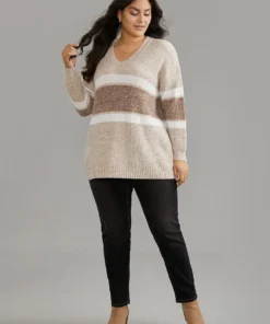 Supersoft Essentials Colorblock Contrast V Neck Knit Pullover -Clothing Shop 76558275 pj
