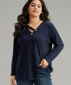 Solid Rib Knit Button Detail T-shirt -Clothing Shop 766657363 rm