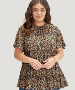 Ditsy Floral Frill Trim Shirred Mock Neck Blouse -Clothing Shop 767529655 hp