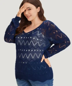 Geometric Eyelet Scalloped Trim Drop Shoulder Pullover 16 Geometric Eyelet Scalloped Trim Drop Shoulder Pullover -Clothing Shop 768114790 is