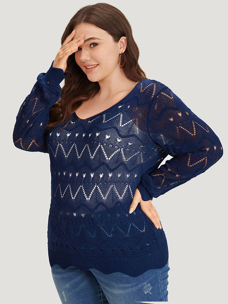 Geometric Eyelet Scalloped Trim Drop Shoulder Pullover 8 Geometric Eyelet Scalloped Trim Drop Shoulder Pullover - Image 6