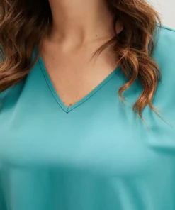 Solid V Neck Lantern Sleeve Ruffle Hem Blouse Without Belt -Clothing Shop 768674679 oc