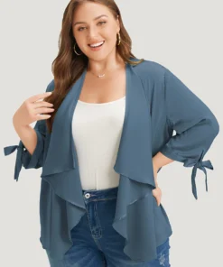 Anti-Wrinkle Solid Open Front Knot Sleeve Waterfall Collar Blazer -Clothing Shop 768843270 bm