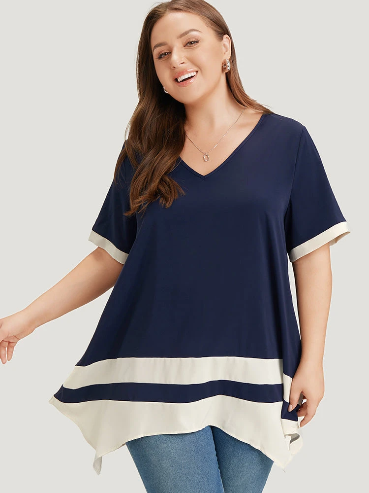 Anti-Wrinkle Two Tone Hanky Hem Blouse 3 Anti-Wrinkle Two Tone Hanky Hem Blouse