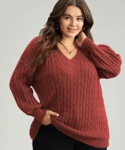 Lurex Cable Knit Plain V Neck Pullover -Clothing Shop 769125357 su