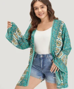 Boho Print Flutter Sleeve Open Front Kimono -Clothing Shop 769439724 ab
